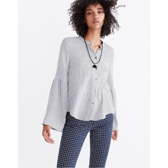Madewell Bell Sleeve Button-Front Windowpane Shirt Size Large - Picture 1 of 16